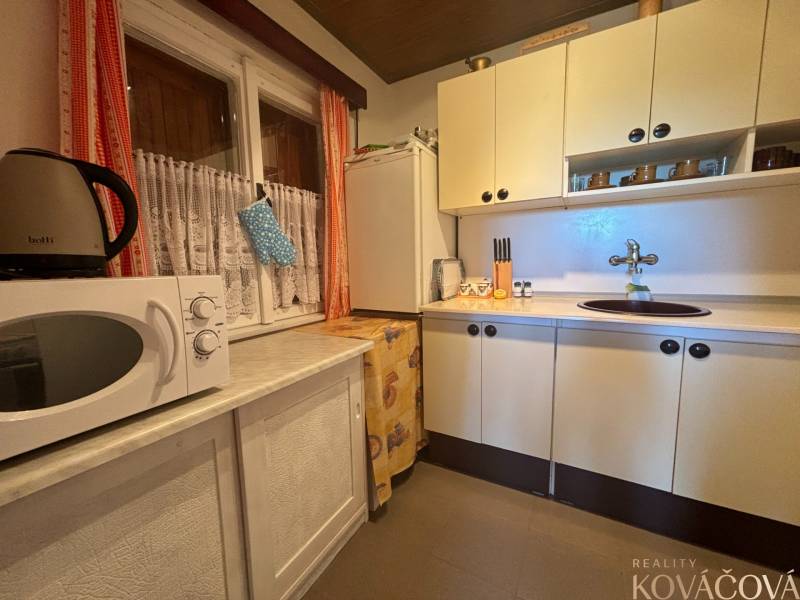 A kitchen in a cabin with a microwave, kettle, shelves, cabinets, and a rustic interior for pleasant stays.