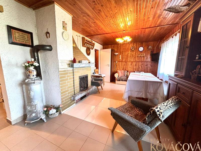 The interior of a wooden cabin with a fireplace, a sofa, and decorative flowers.
