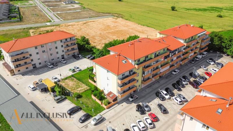 Aerial view of apartment buildings with red roofs on Záhradnícka Street in Dunajská Streda.