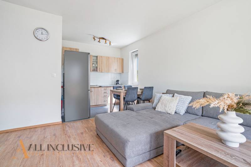 Living room in a 2-room apartment with a sofa, dining table, and kitchen unit.