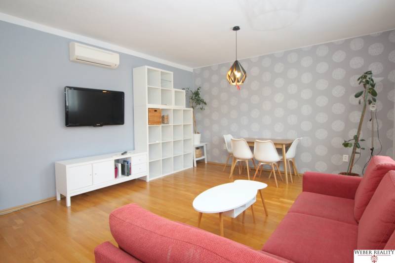 Living room in a 2-room apartment with a red sofa and a dining table for four.