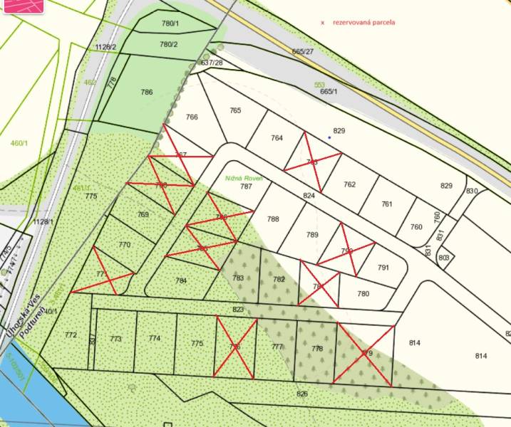 A map of residential plots in Podtureň with marked reserved parcels.