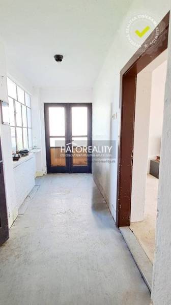 A hallway in a family house with double doors and a side window.