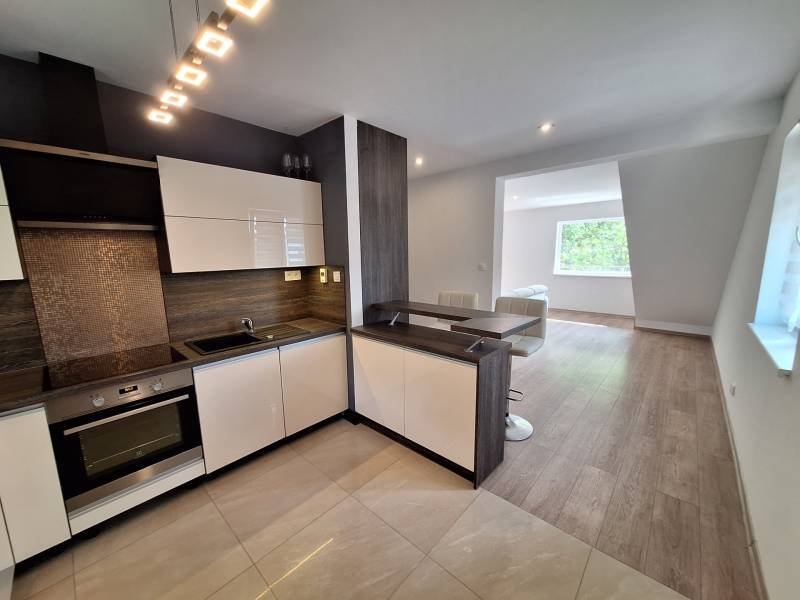 A kitchen with a dining counter and a view of the living room in a 4-room apartment.