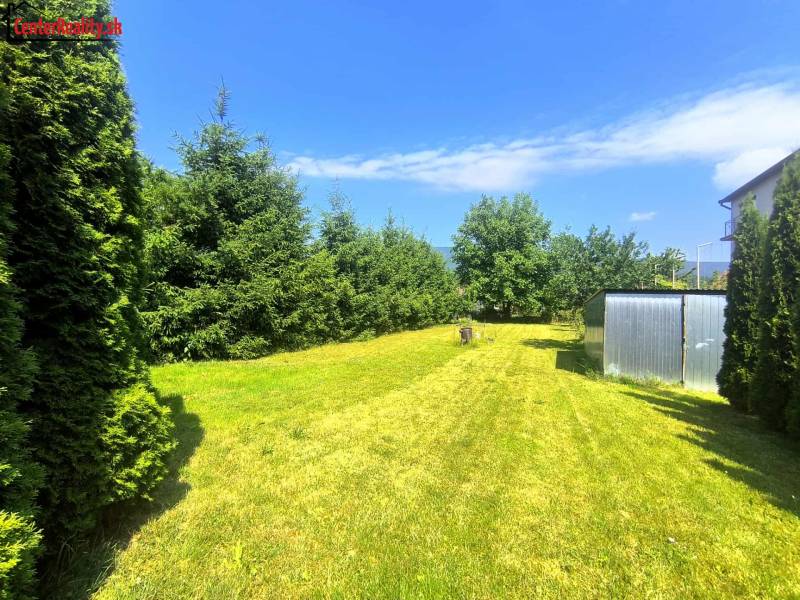 A garden with conifers and a metal shed near a family house in the village of Nitrica.