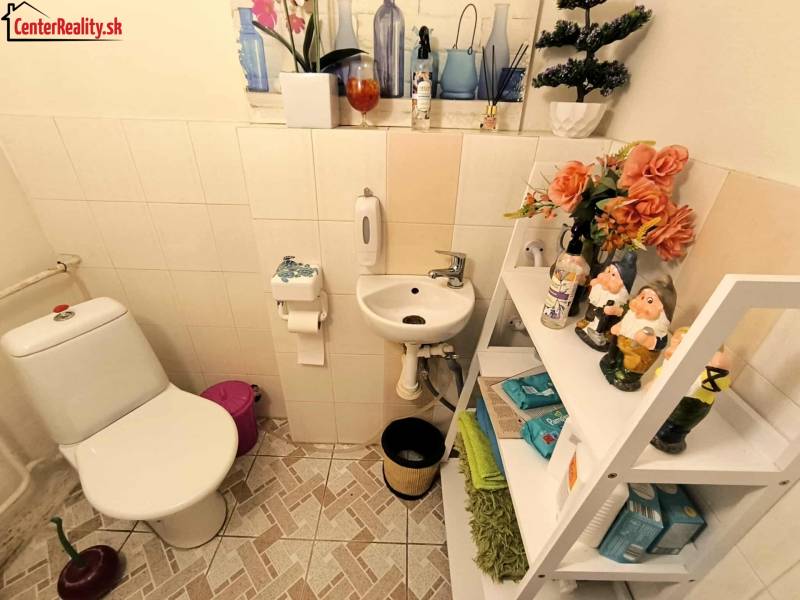 Bathroom in a family house with decorations, shelf, sink, and toilet.