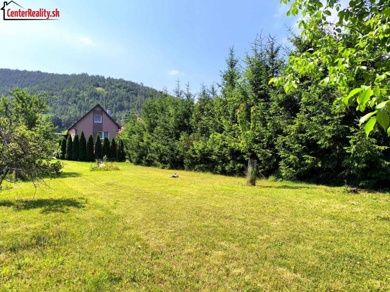 A family house in Nitrica with a large garden surrounded by a dense row of coniferous trees.