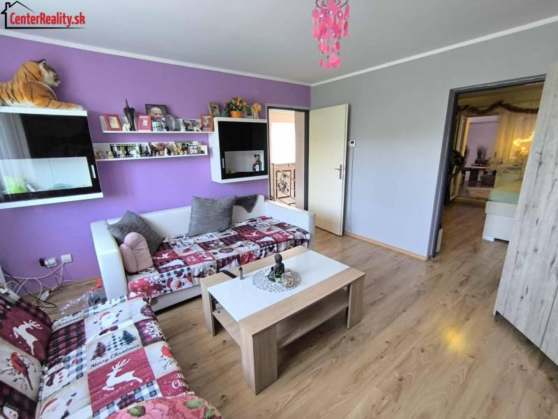 A colorful living room in a family house, with a purple wall and comfortable sofas.