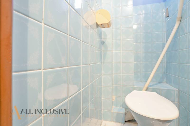 A bathroom in a family house with blue tiles and a toilet.