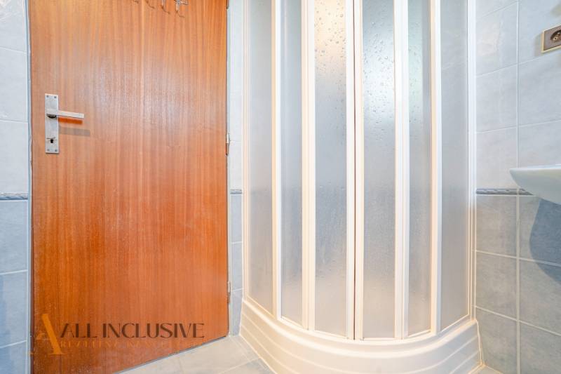 A bathroom with massive wooden doors and a shower enclosure in a family house.