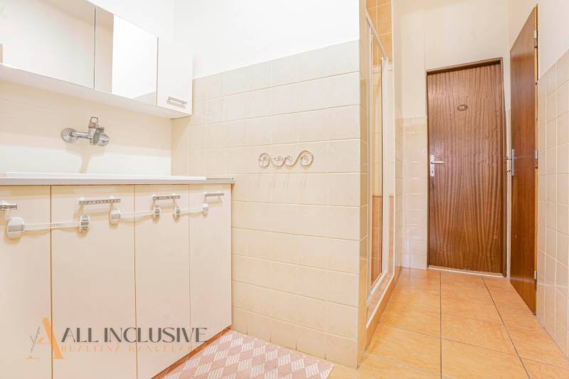Bathroom with a sink and a shower in a family house.