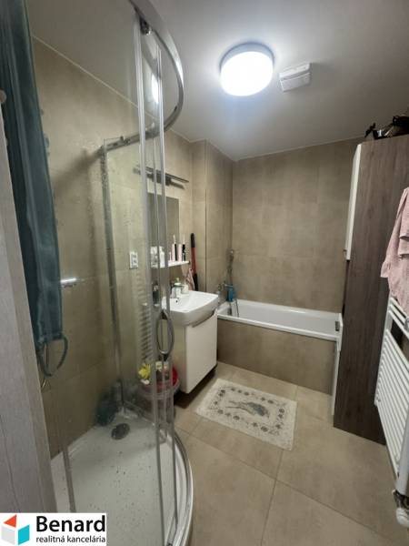 A bathroom in a 2-room apartment with a bathtub and a shower, elegant design.
