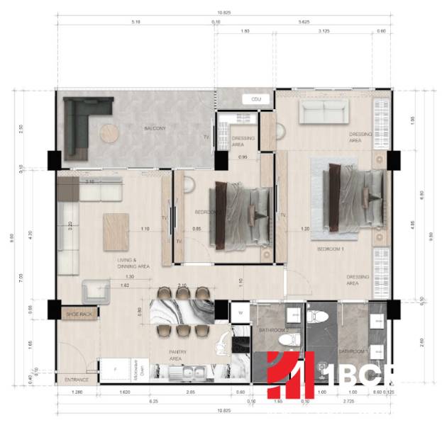 Floor plan of a 3-room apartment with two bedrooms, a living room, a kitchen, and a balcony.