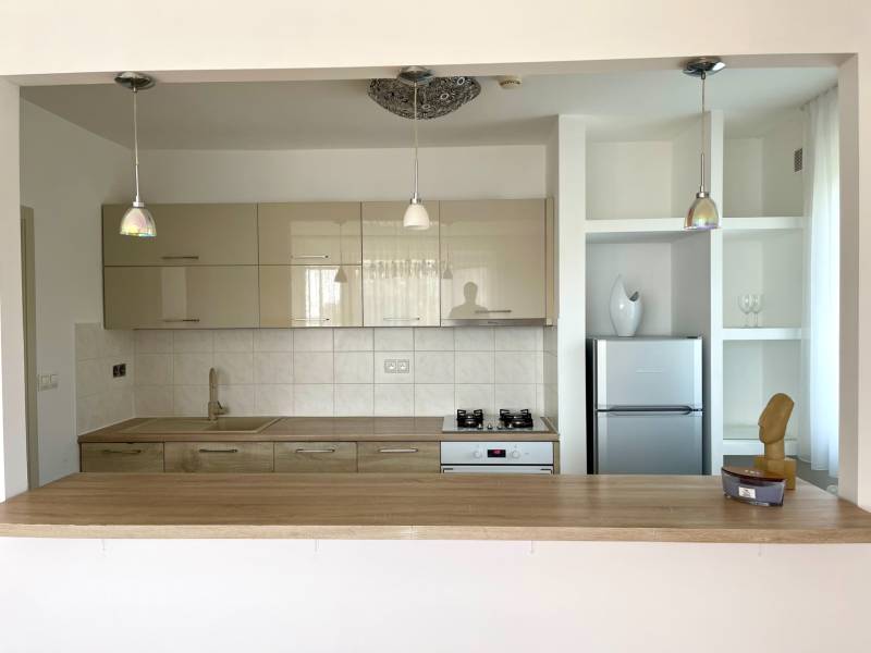 A kitchen with a wooden countertop, a bar counter, and built-in cabinets in a 2-room apartment.