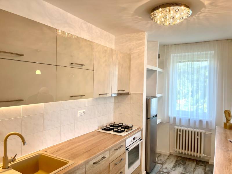 A kitchen in a 2-room apartment with modern cabinets, a gas stove, and a bright window.