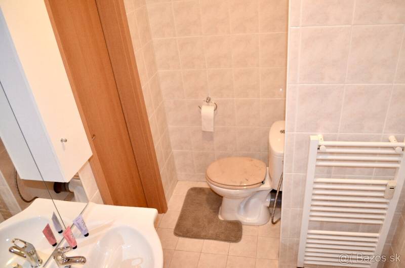 A bathroom in a studio apartment with a sink, toilet, and ladder radiator.