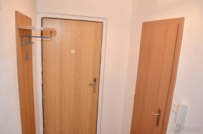 White walls, wooden doors, and a coat rack wall in a studio apartment.
