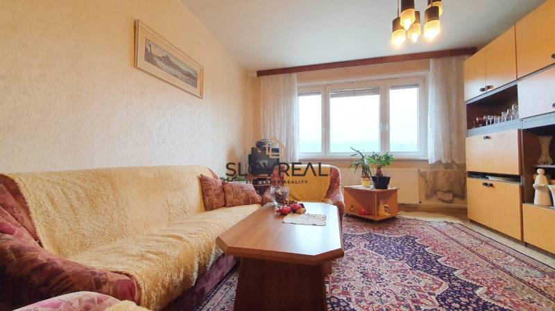 Living room in a 3-room apartment with carpets, wooden furniture, and a comfortable sofa.