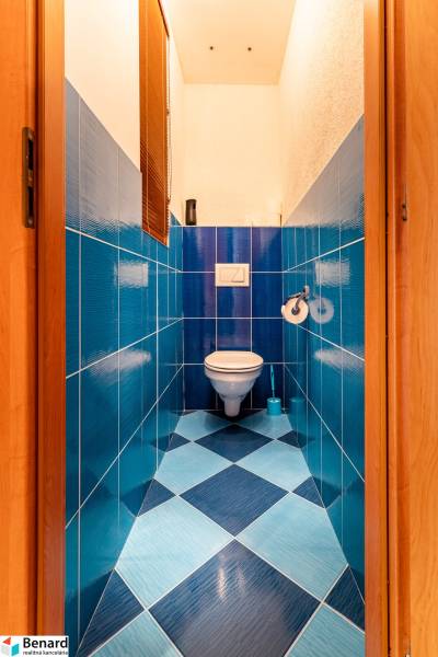 Blue tiles and a toilet in a 3-room apartment with wooden doors and dark accessories.