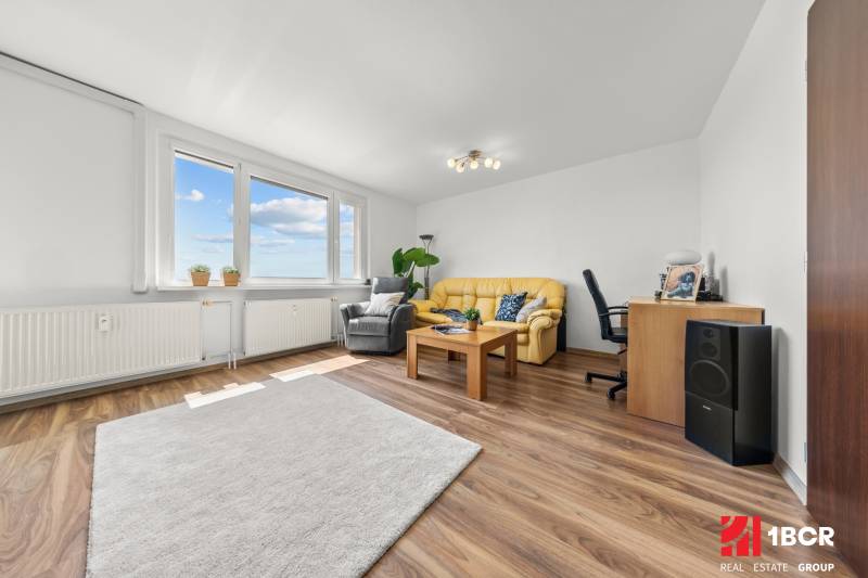 Living room in a 3-room apartment with a comfortable sofa and large windows.