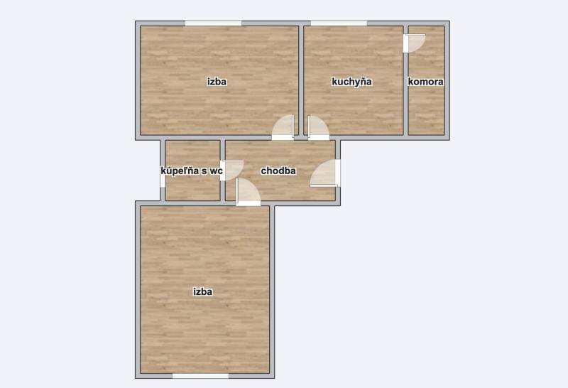 Floor plan of a 2-room apartment with a kitchen, pantry, and bathroom with toilet.