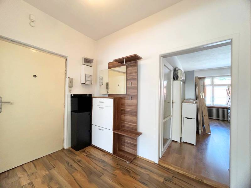 Entrance hall of a 2-room apartment with wooden flooring and storage spaces, bright room.