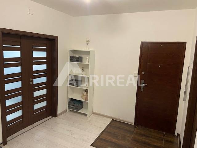 Entrance hall with double doors and a shelving cabinet in a 3-room apartment.