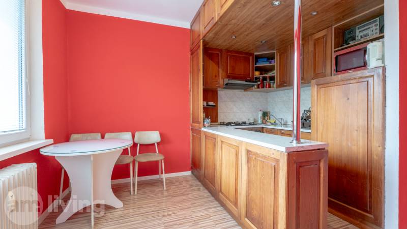 A kitchen in a studio apartment with wooden cabinets and a red wall.