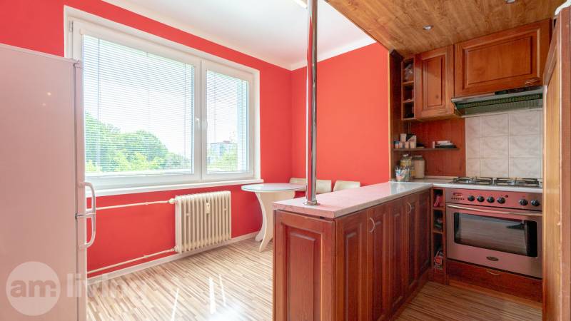 A kitchen with a wooden cabinet, dining table, window, and red walls in a studio apartment.