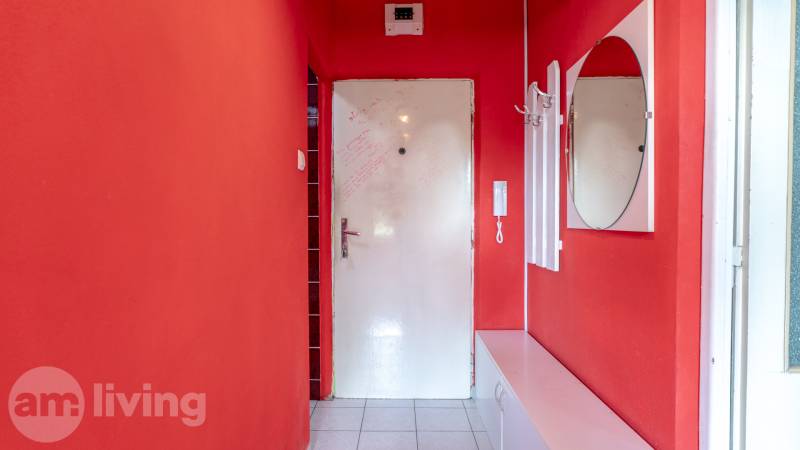 A red interior with white elements, a mirror, and storage space in a studio apartment.
