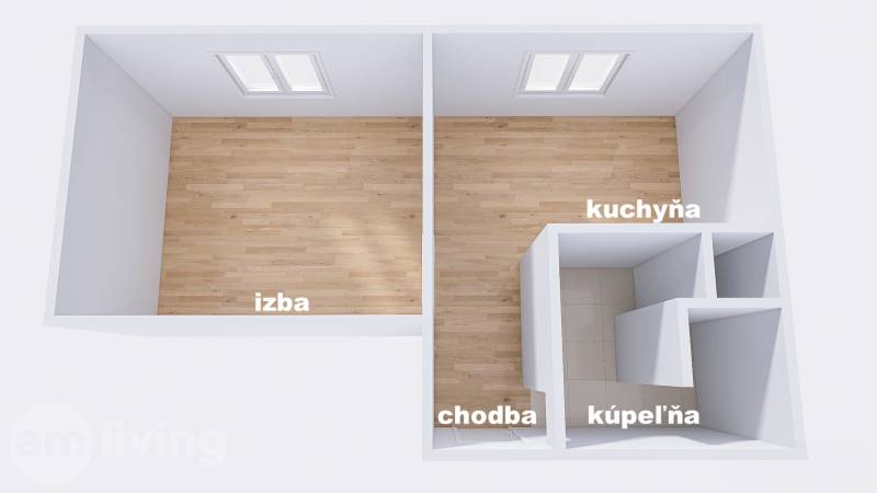 Floor plan of a 1-room apartment with rooms: room, kitchen, hallway, bathroom.