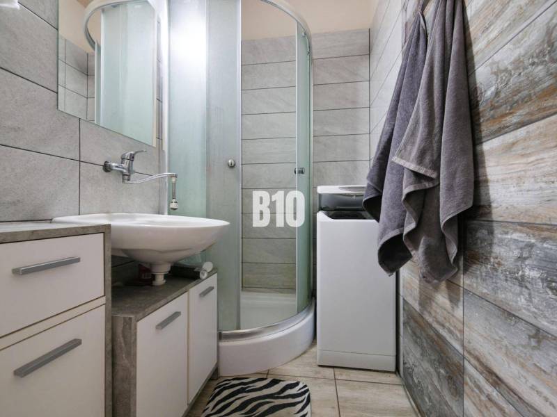 A bathroom in a studio apartment with a sink, shower, and washing machine.