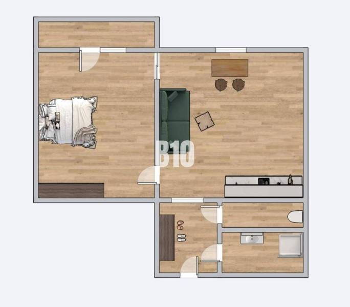 Floor plan of a one-room apartment with furnishings and furniture layout.