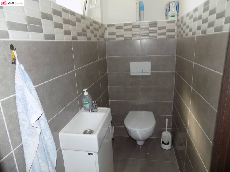 A toilet in a family house with a sink and dark tile cladding.
