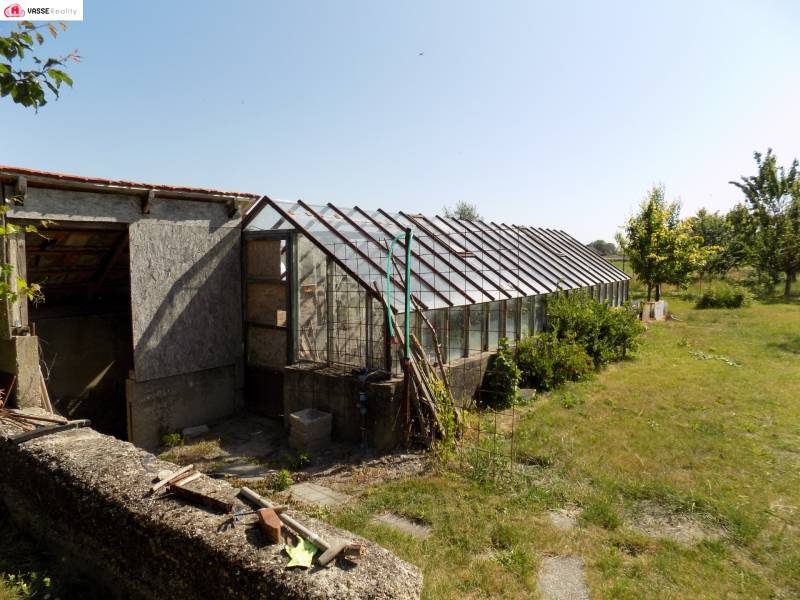 A greenhouse next to a family house on Veľko Kosihy Street in the town of Veľké Kosihy near the garden.