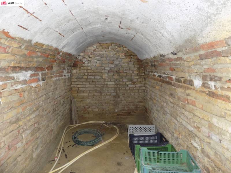 A brick cellar in a family house with plastic crates and a hose.
