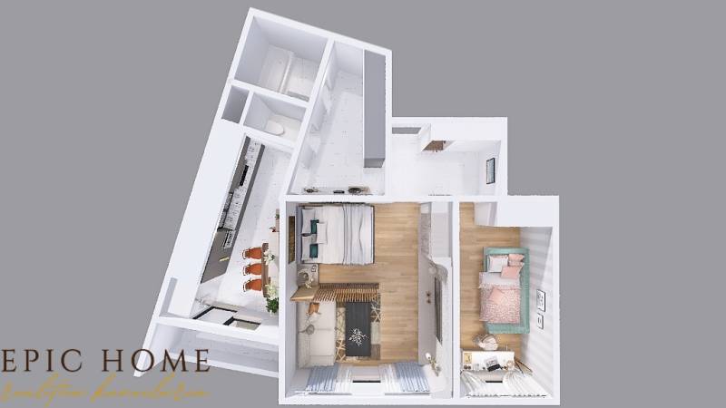 Floor plan of a 2-bedroom apartment with a living room, two bedrooms, and a kitchen.