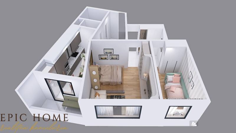 3D floor plan of a 2-room apartment showing the layout of the rooms.