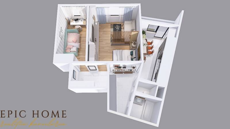 Floor plan of a 2-room apartment with a bathroom, bedroom, and living room.