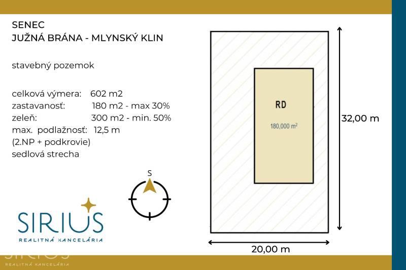Building plot Senec Južná Brána for residential use: area 602 m², orientation, buildability, number of floors.