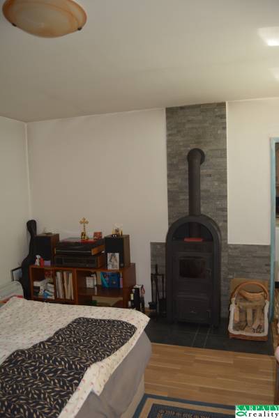A fireplace in a family house with shelves, a bed, and a supply of wood for heating.