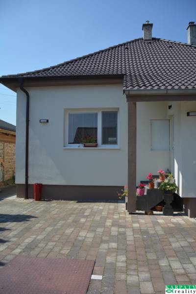 A family house in Trstín with a flat roof and a paved courtyard, decorated with flowers.