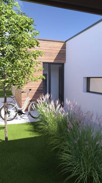 A family house in Gaboltov with a modern garden, a bicycle, and a wooden facade.