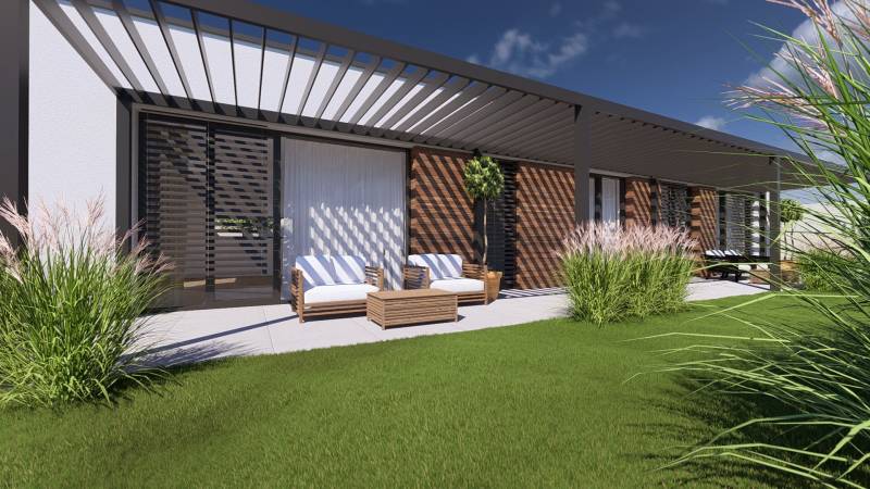 Family house in Gaboltov with a terrace, pergola, garden furniture, and ornamental plants.
