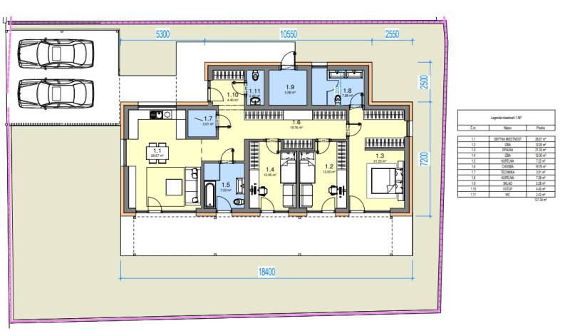 Floor plan of a family house with a three-room layout, kitchen, bathroom, and parking space.