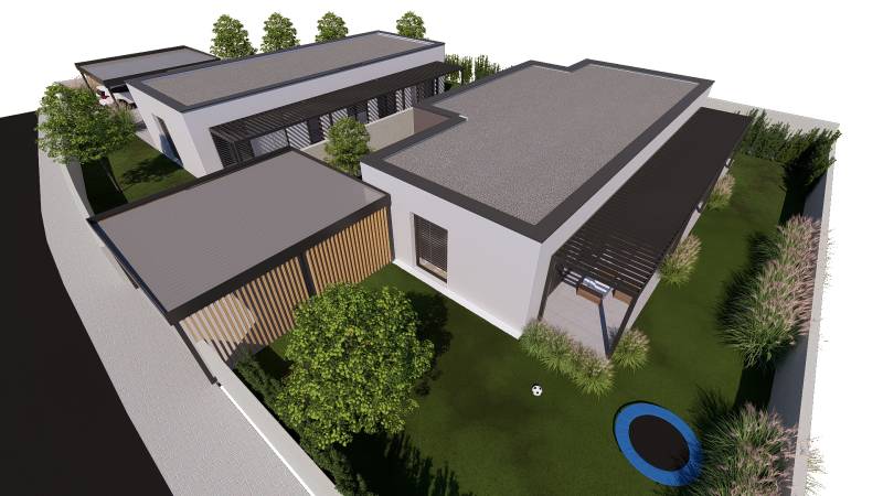 A family house in Gaboltov with a pavilion roof, lawn, and built-in trampoline.