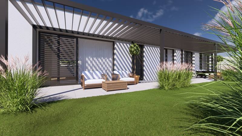 A family house in Gaboltov with a garden seating area and a modern pergola on the terrace.