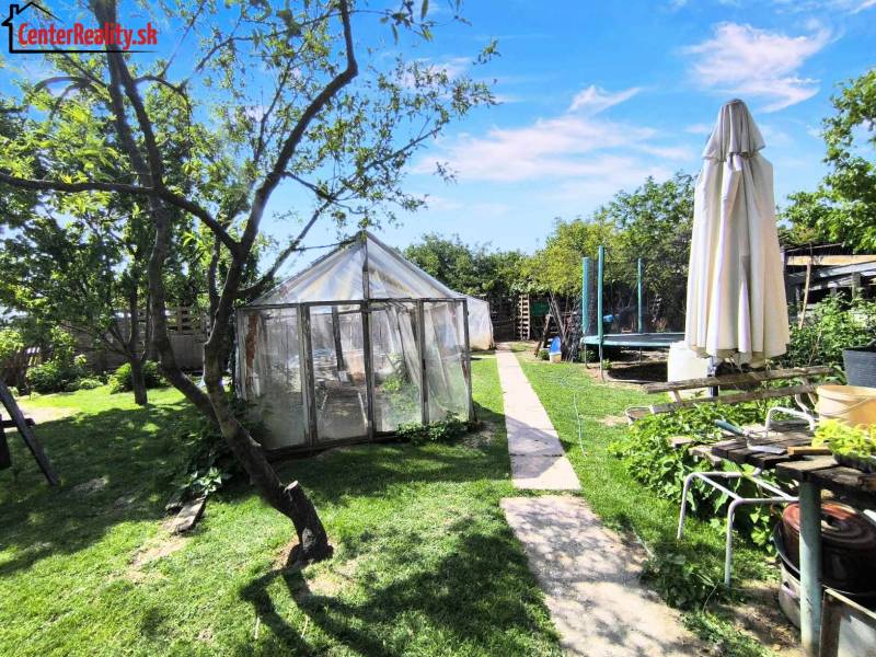 Garden of a family house in Partizánske - Malé Bielice area. Greenhouse, parasol, tree, trampoline.