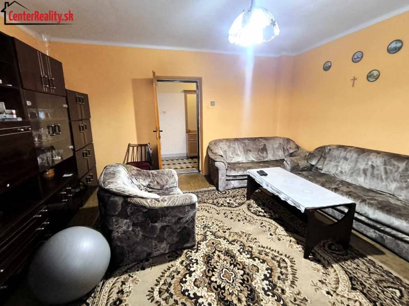 Living room in a family house with a sofa, carpet, and cabinet set.
