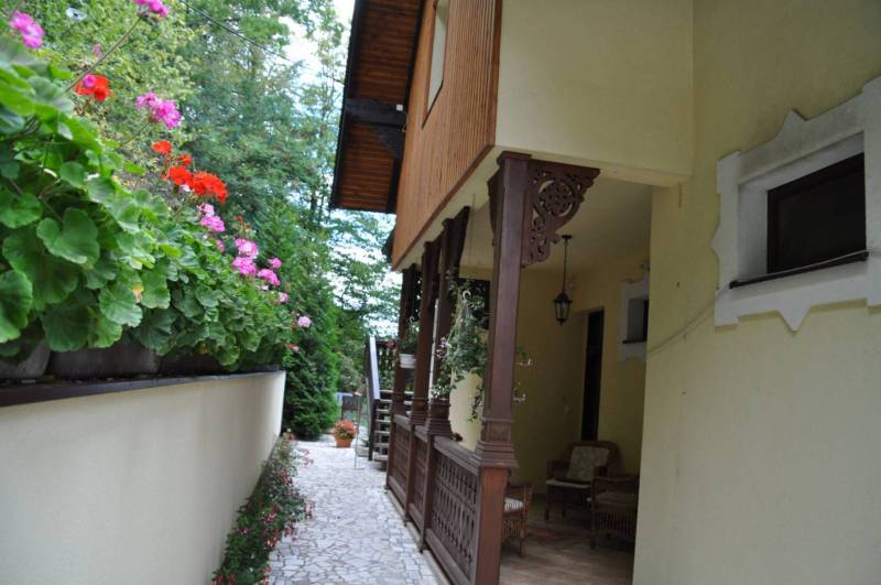 Pathway with flowers and a bench near the guesthouse in Košice - Sever, in the area of Hotels and Guesthouses.
